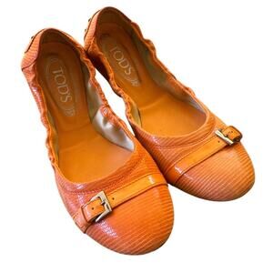 Tod's Orange Skin Patent Leather Buckle Detail Scrunch Ballet Flats EU Size 39.5